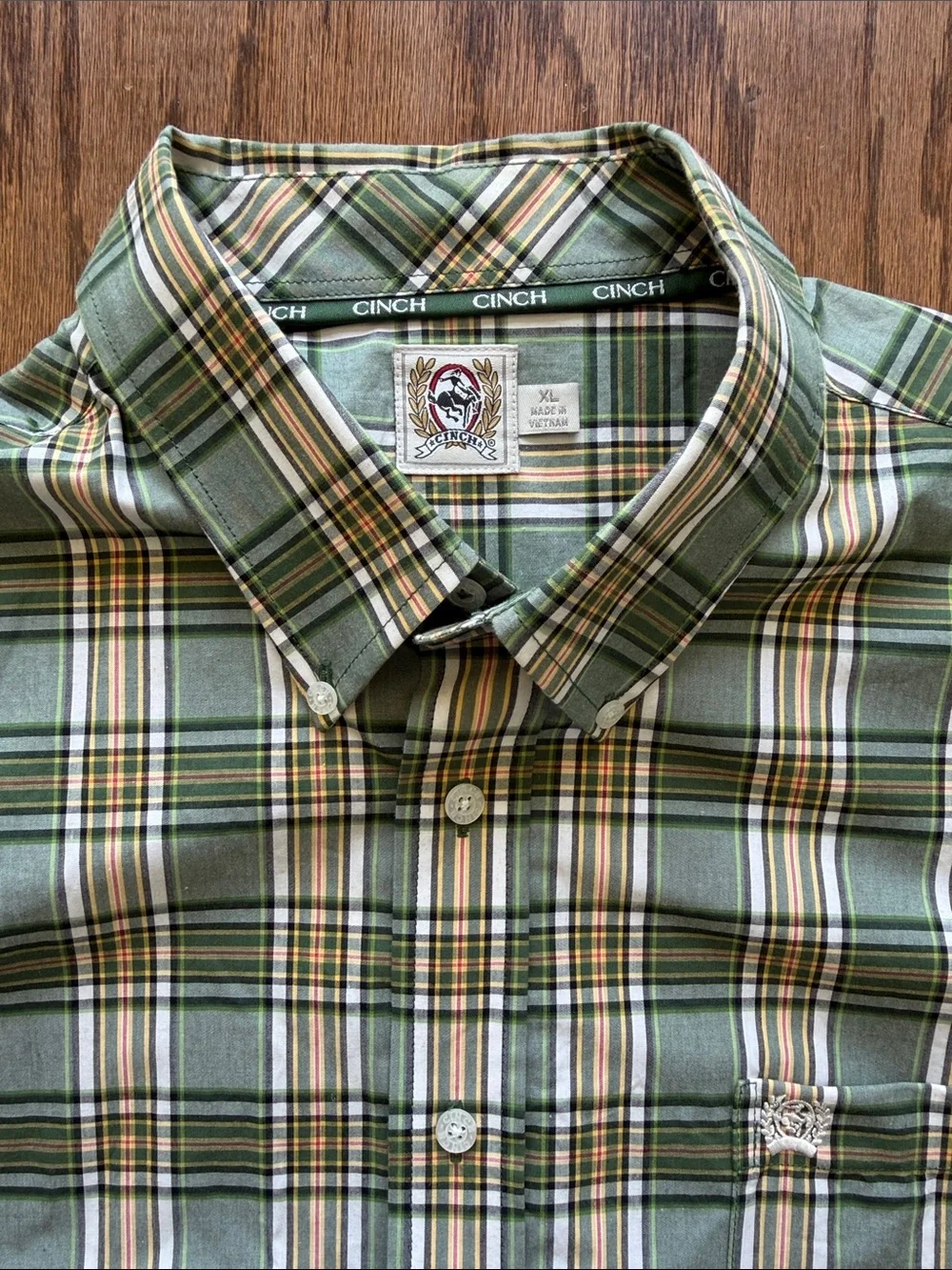Cinch Men's Green White and Gold Plaid Button-Down Shirt